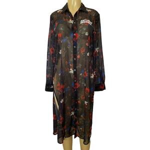 IZZUE Shirt Dress Floral Button Down Sheer Chiffon Cover Up Long Sleeve …